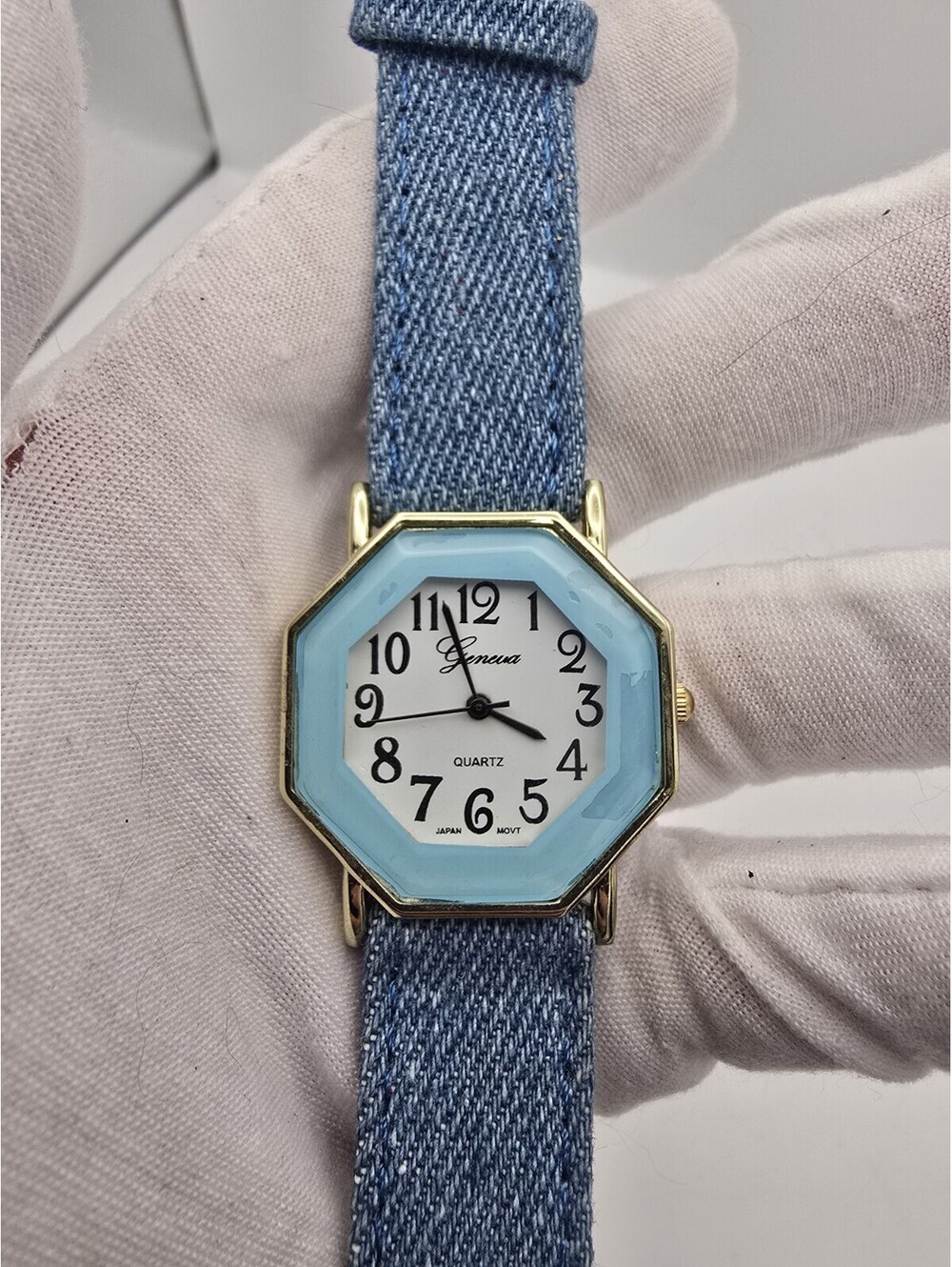 Geneva Octagon Women's Quartz Watch Gold Tone Light Blue Bezel Denim Strap